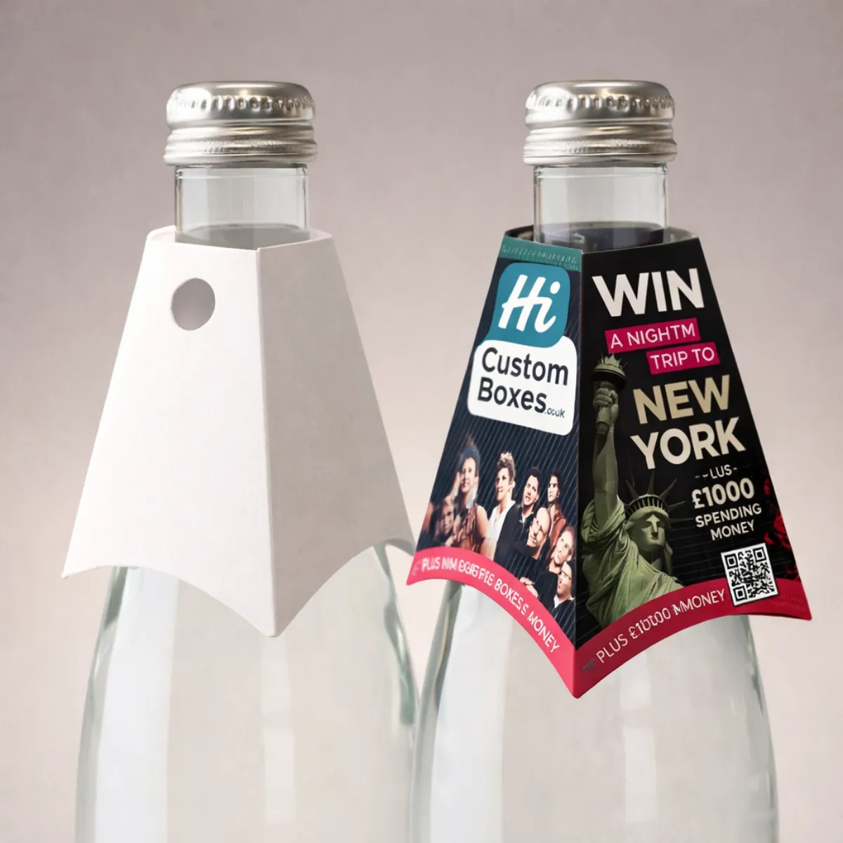 Two glass bottles with silver caps displaying white and promotional pyramid-style card neck tags for New York. class=